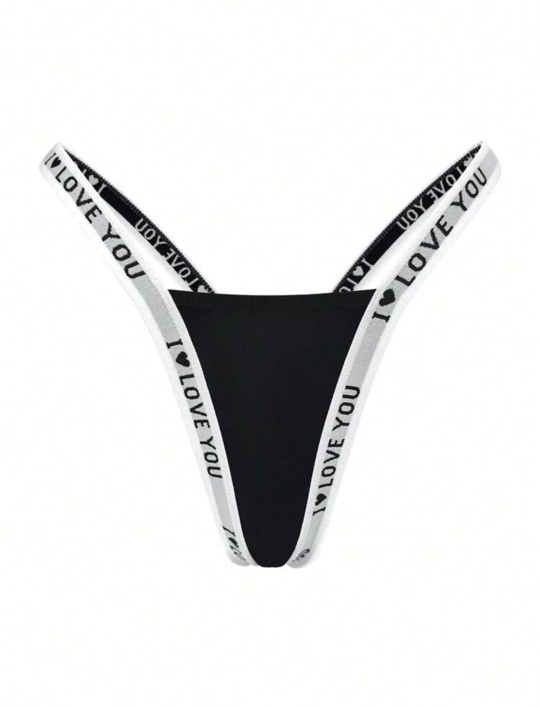 Women's Black High-Leg V-Waist Thong Panties with "I ♥ LOVE YOU" Branded Straps